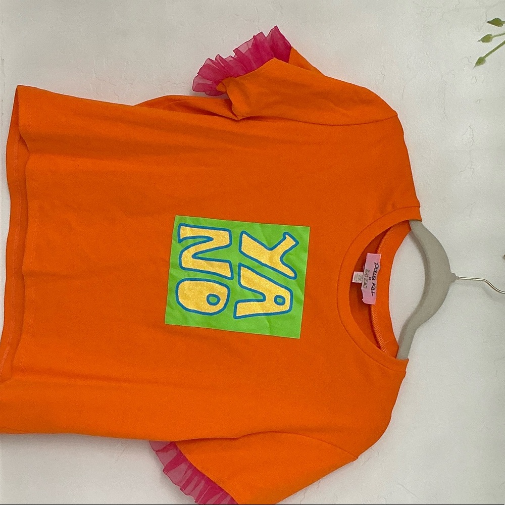 Dolls Kill Orange Tee with Pink Ruffle and Green Graphic